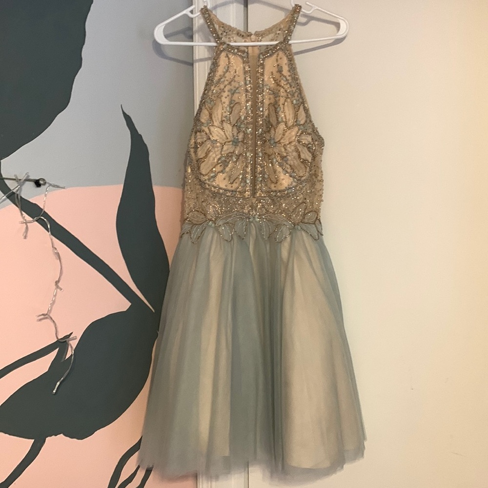 Glamour by Terani Couture in a size 12 it’s a peach and light blue color